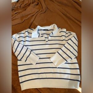 Striped Collared Knit Top - White & Navy